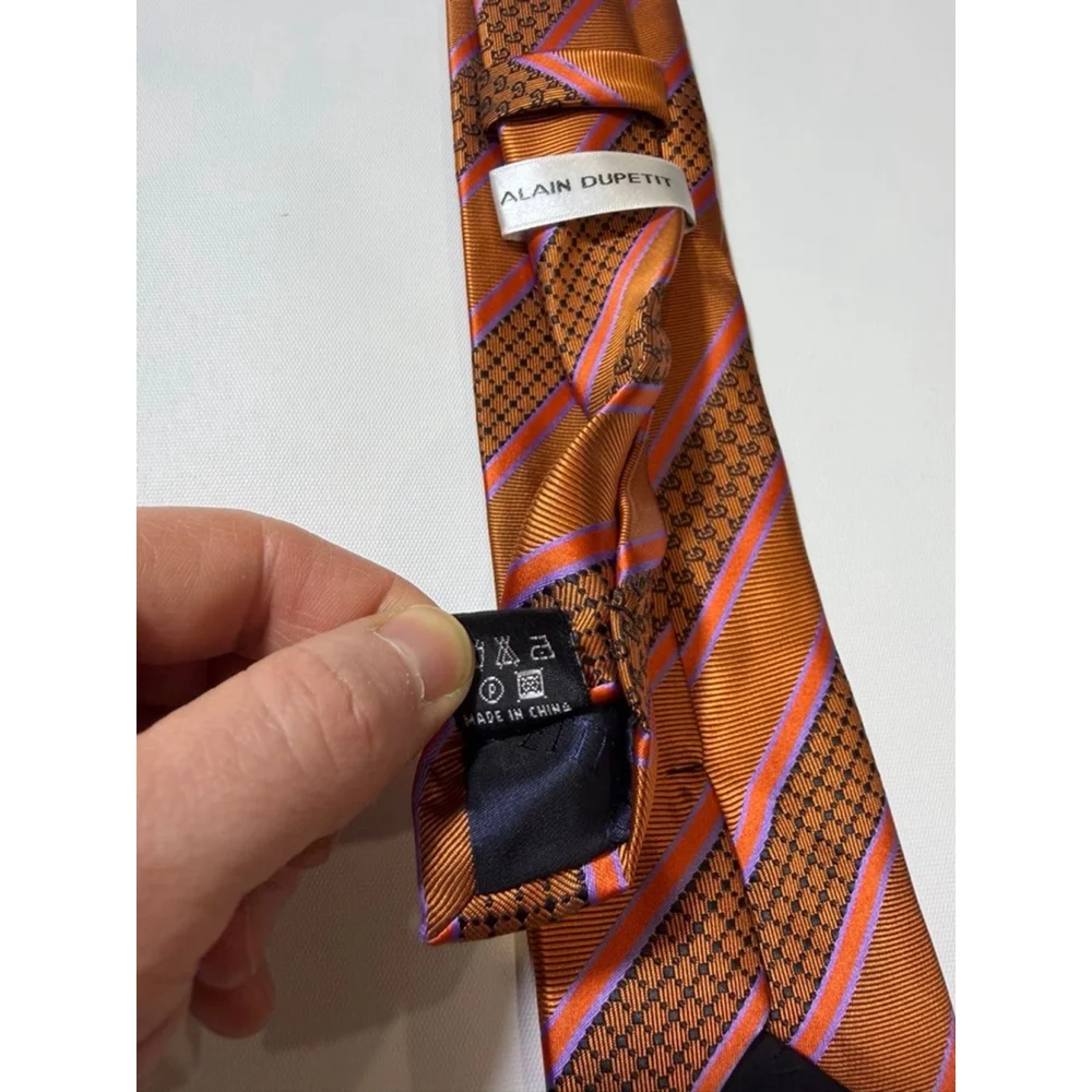 Alain Dupetit Orange Striped Silk Tie Micro Logo Handmade